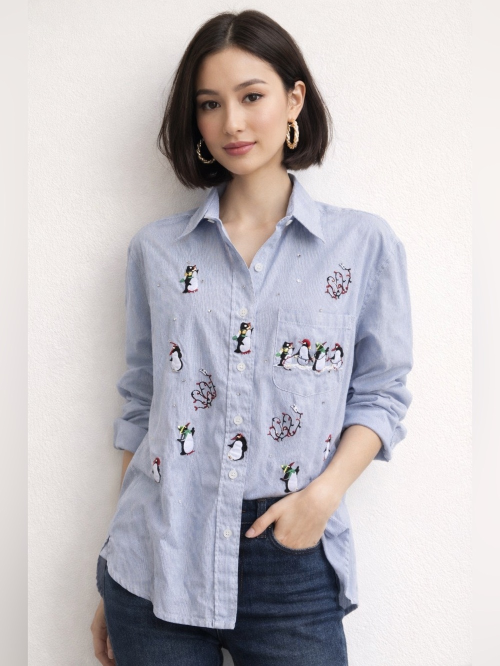 Mili desiques Blue & White Pinstripe Winter Penguin Long Sleeve Blouse SM Petite